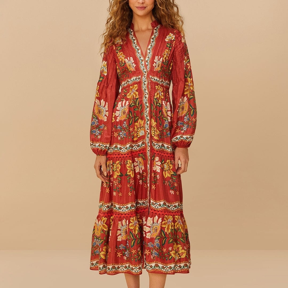 FARM Rio Beautiful LG Red Floral Long Sleeve Dress